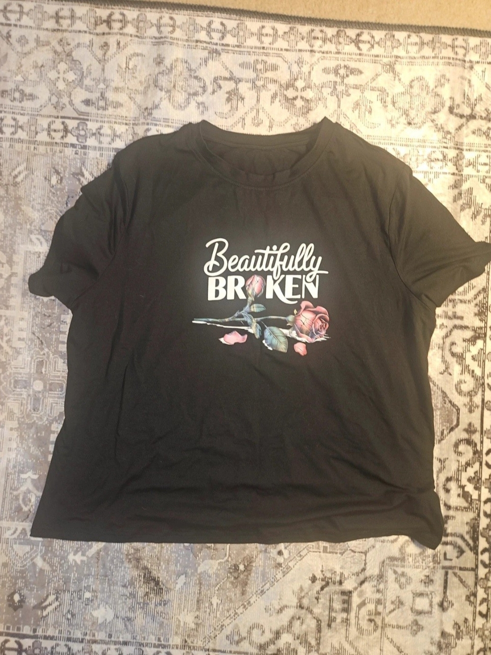 & Other Stories Black Graphic 'Beautifully Broken' Tee with Pink Rose